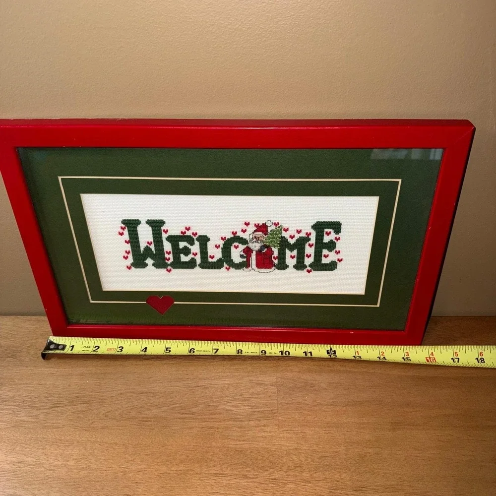 Vintage Christmas Santa Welcome Cross Stitch Framed Wall Decor Red Green Mat